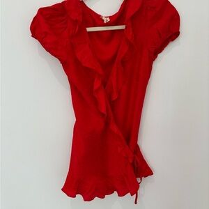 For Love And Lemons “Gabriella Dot Silk Wrap Blouse” Red, Ruffles XS